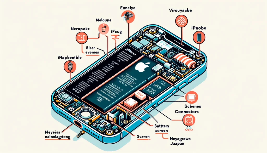 「iPhoneが故障しやすい内部コンポーネントの断面図と注釈」